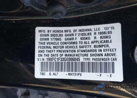 2016 Honda Civic Ex-T z USA, uszkodzony, nr VIN 19XFC1F33GE006045